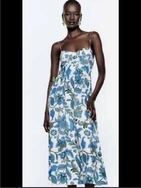 Zara Blue Floral Midi Dress | Strappy Fitted Bodice Size XS